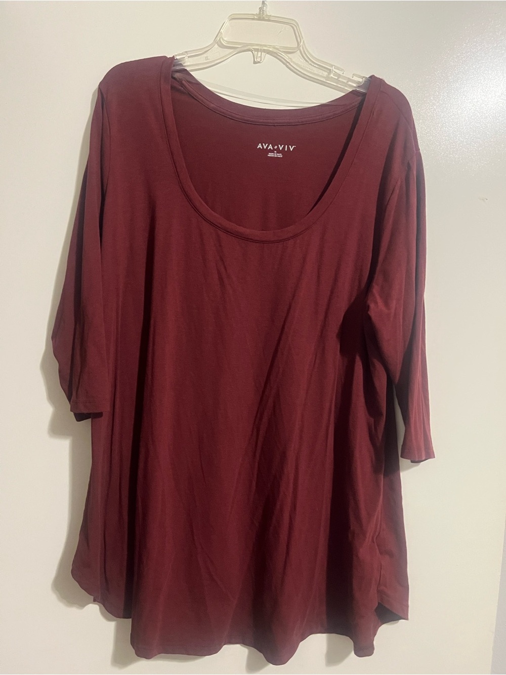 Ava & Viv Scoop Neck 3/4 Sleeve Tunic Top - Burgundy